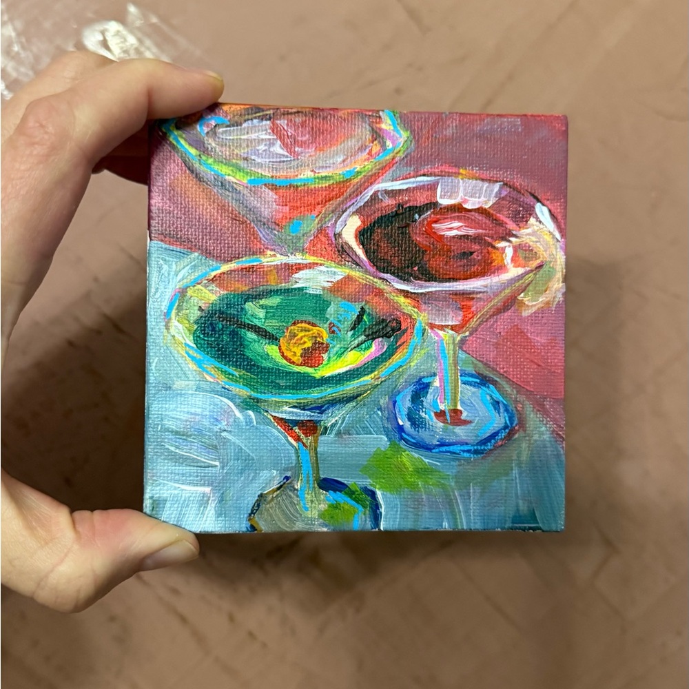 Original Vibrant Cocktail Glasses Canvas Art and fridge magnet 3 x3 inches